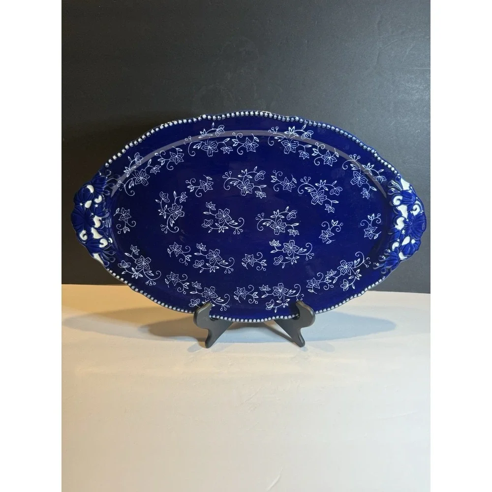 Temp-tations by Tara Floral Lace Cobalt Blue Oval Serving Platter 18.5
